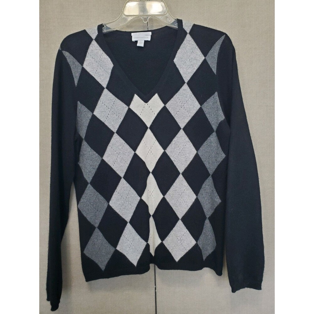 CHARTER CLUB 2-Ply 100% Cashmere Black Argyle Long Sleeve V-Neck Sweater Sz LGE